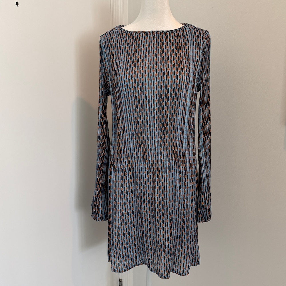 Maje Long Sleeve Dress in Blue and Gold/Copper Pattern